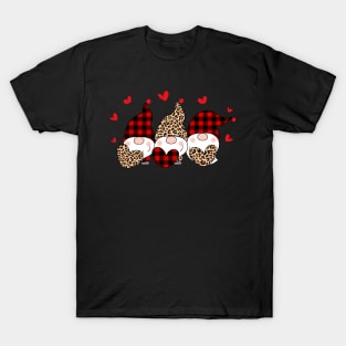 Three Gnomes Holding Hearts Happy Valentines Day 2021 leopard Red plaid T-Shirt